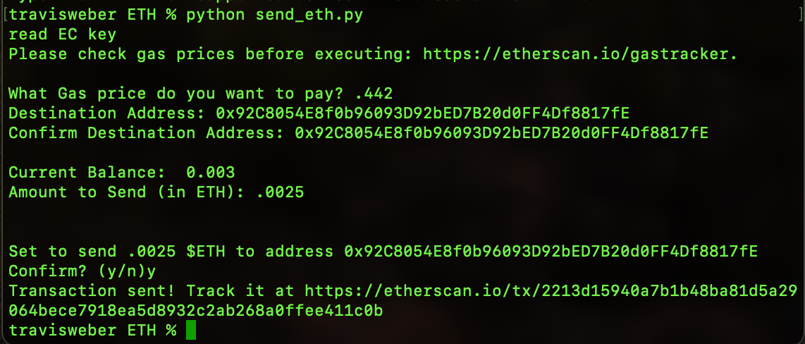 terminal commands and output from running send_eth